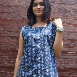 Hand Block Printed Cotton Short Kurti with Shell Buttons in Indigo and Pink
