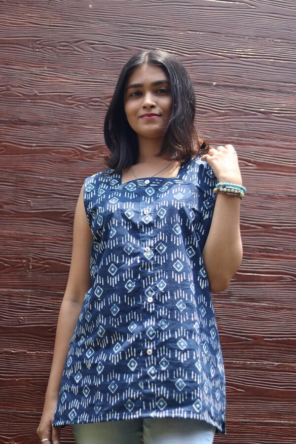 Hand Block Printed Cotton Short Kurti with Shell Buttons in Indigo and Pink
