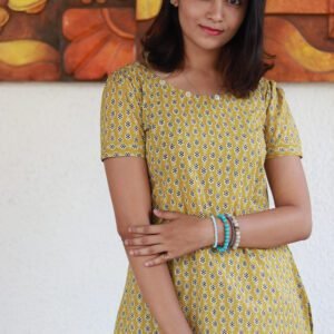 Hand Block Printed Cotton Short Kurti with Shell Buttons in Yellow and Sea Green