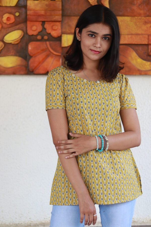 Hand Block Printed Cotton Short Kurti with Shell Buttons in Yellow and Sea Green