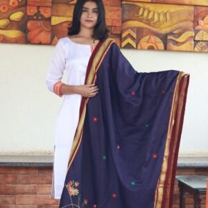 Navy Blue Cotton Silk Khun Dupatta with Peacock Embroidery