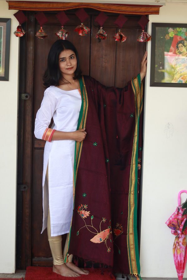 Maroon Cotton Silk Khun Dupatta with Peacock Embroidery