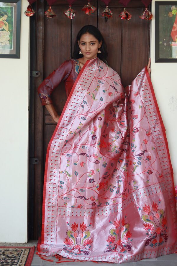 Pink Cotton Silk Khun Dupatta with Peacock Embroidery and Silver Detailing