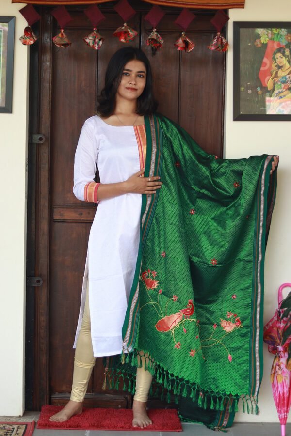 Green Cotton Silk Khun Dupatta with Peacock Embroidery
