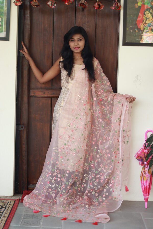 Light Pink Cotton Silk Khun Dupatta with Peacock Embroidery