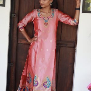 Elegant Semi-Silk Paithani Kurti with Unique Neck and Bottom Design