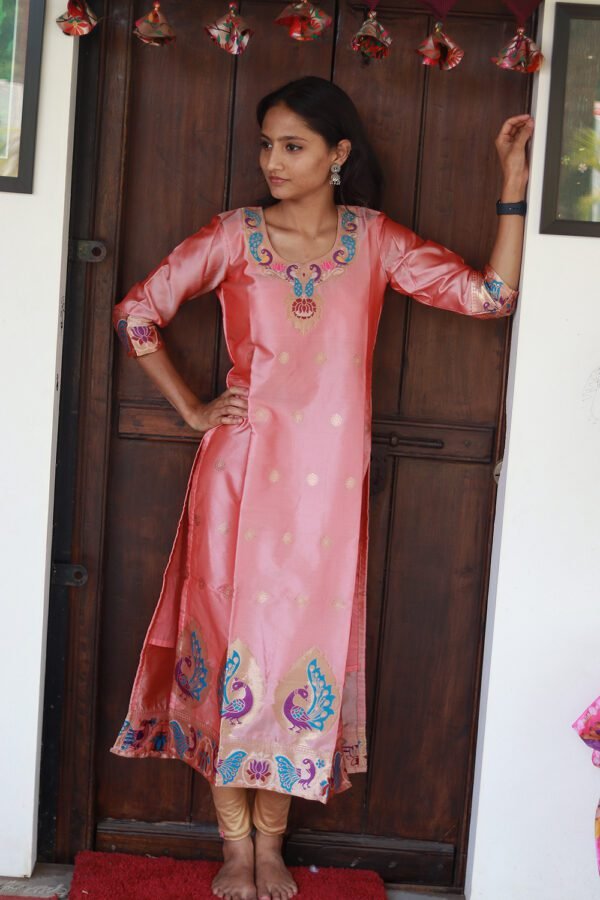 Elegant Semi-Silk Paithani Kurti with Unique Neck and Bottom Design