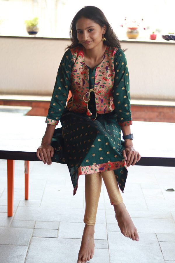 Graceful Green Paithani Kurti with Attached Jacket in Silk Blend