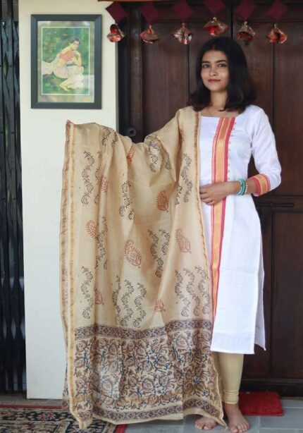 Beige Cotton Silk Chanderi Hand Block Printed Dupatta