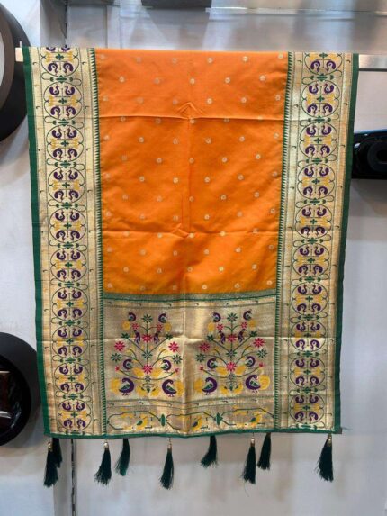 Semi silk Paithani shela with peacock borders